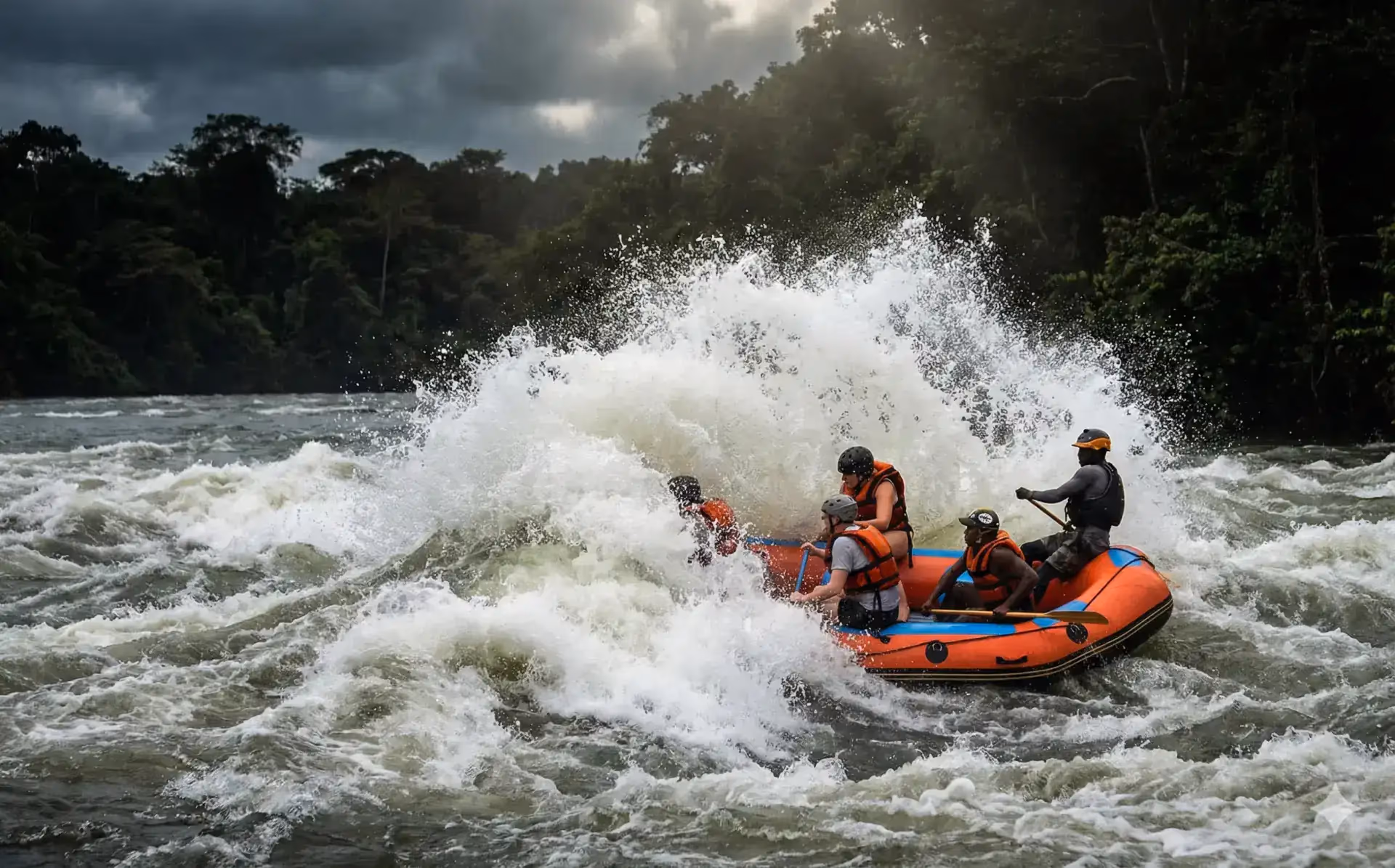 Raft in high tension rapid